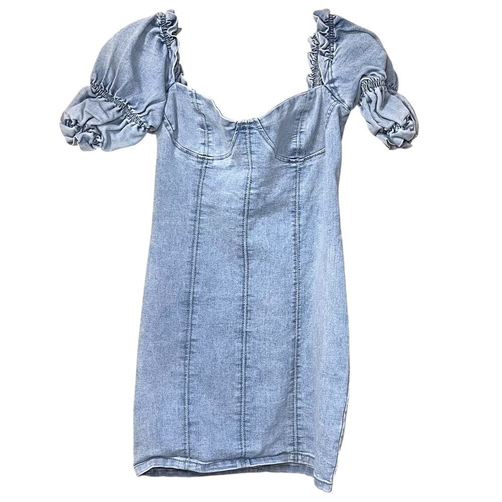 PrettyLittleThing Denim Mini Dress Puff Sleeve Corset US 2